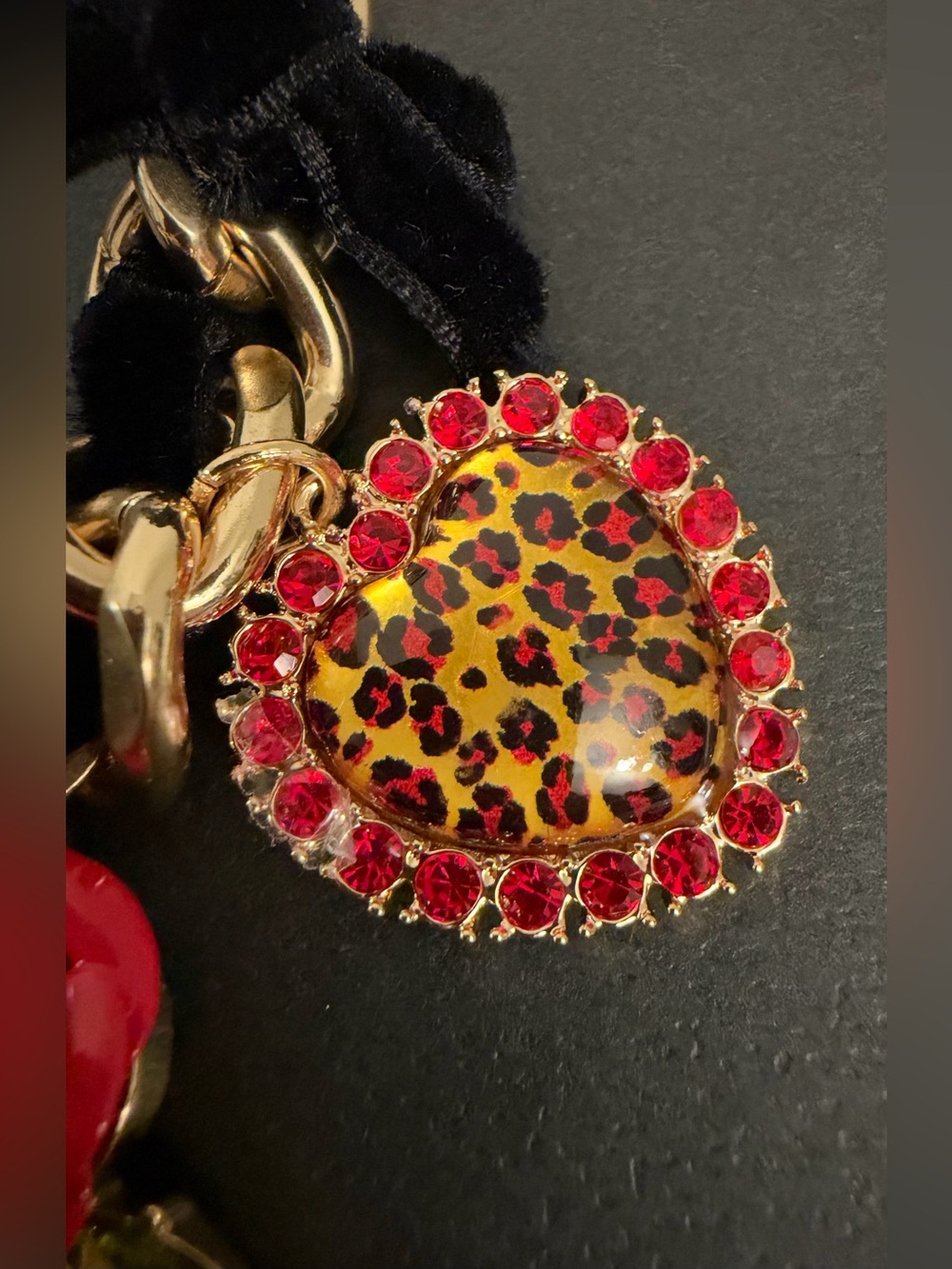 Betsey Johnson Gold-Tone Chain Bracelet with Red Roses & Leopard Heart Charms - Picture 10 of 16